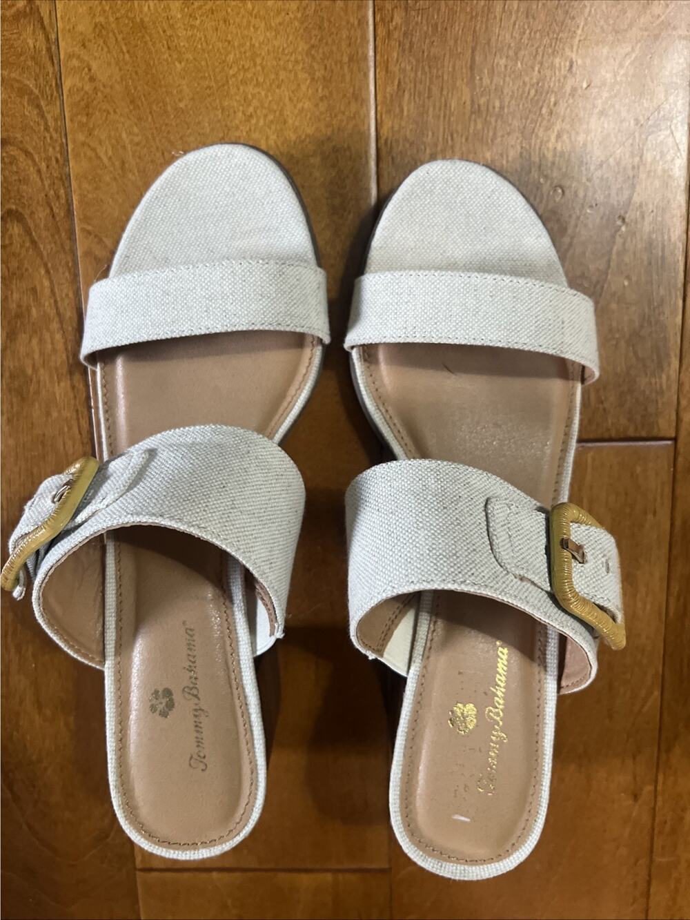 Tommy Bahama Trista Slip On Shoe Size 9 Beige Yellow Linen Buckle Block Resort